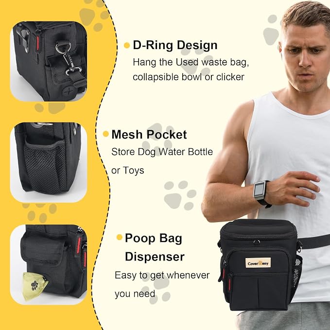 Dog Treat Pouch Open Top for Quick & Spill-Proof Access, Removable Pouch|Poop Bag Dispenser|3 Ways to Wear, Dog Treat Bag - Collapsible Bowl, Training Clicker & Poop Bag for Training & Walking-Black.