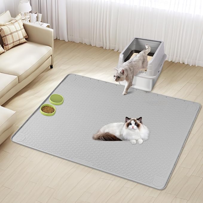 Silicone Cat Litter Mat for Litter Box 57”x40” Large Cat Mat, Light Grey | Waterproof, Non-Slip, Leak-Proof Rug Mat with Lip, Easy to Clean, Extra Large Litter Catcher Mat for Floor
