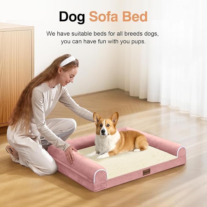NANUYA Orthopedic Dog Bed for Medium Dogs, 30 x 20 Inch, Pink | Egg crate foam for joint support, 3-sided bolster pet sofa, waterproof lining, washable cover, and non-skid base