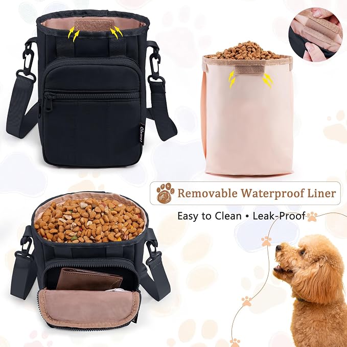 Stylish Dog Training Treat Pouch with Waist & Shoulder Strap, Dog Treat Bag for Walking and Training, Removable Waterproof Liner, Drawstring Treat Holder with Front Pocket & Clicker