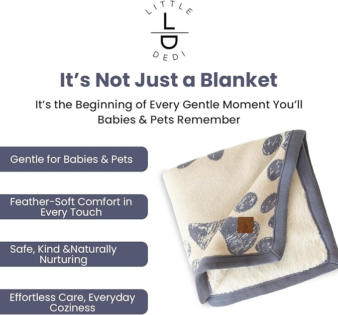 Small Pet Blanket - 100% Organic Cotton, Double Layer Plush Sherpa, Soft Plush, Blue Paw Jacquard Knit, 30"x40", Small Dog Blanket, Ideal Cat Blanket - Soft and Warm