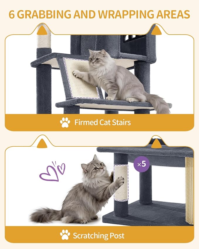 Hzuaneri Tall Cat Tree 84 Inch, Indoor Large Multi-Level Cat Tower | Cat Condo Furniture with 5 Scratching Post, 2 Hanging Basket, 2 Condo, 2 Large Platform, Pet Play House, Dark Grey MS21318SG