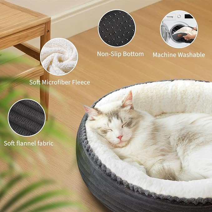 Zerbuger 23in Round Cat Dog Bed for Large Medium Small Dogs Cats, Machine Washable Sleeping Sofa, Non-Slip Bottom Breathable Soft Calming Pet Cuddler for Indoor/Outdoor/Car/Cage, Dark Grey