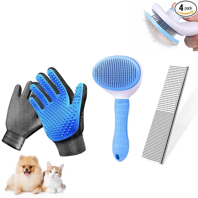 Dog & Cat Brush,Pet Grooming Kit 4PCS- Dog Brush for Shedding| A Pair Pet Hair Removal Gloves| Metal Comb for dog.Removes Undercoat, Tangled, Dirt and Massages. All hair Types