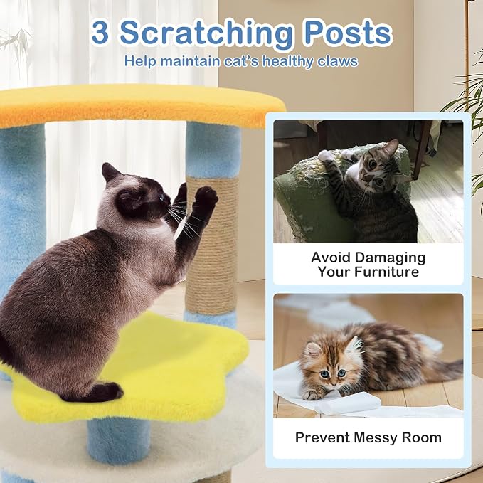 PETSITE 29-inch Cute Cat Tree, Multi-Level Small Cat Tree with Jute Scratching Post, Dangling Toy, Star and Moon-Shaped Perches, Ideal for Indoor Cats (Blue)