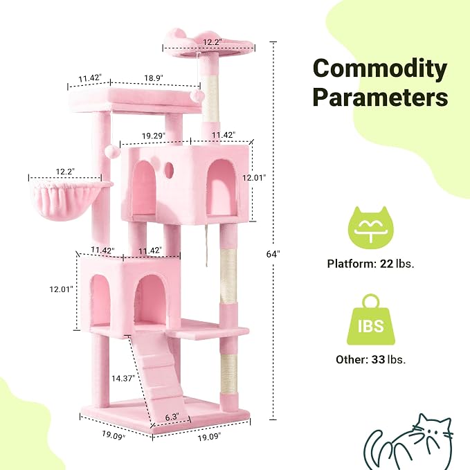 Allewie 64 Inches Multi-Level Cat Tree Tower for Indoor Cats Pink | Activity Center for Big Felines/2 Plush Condos/2 Perchs/Basket/House/Sisal Scratching Posts/Hanging Cat Toys