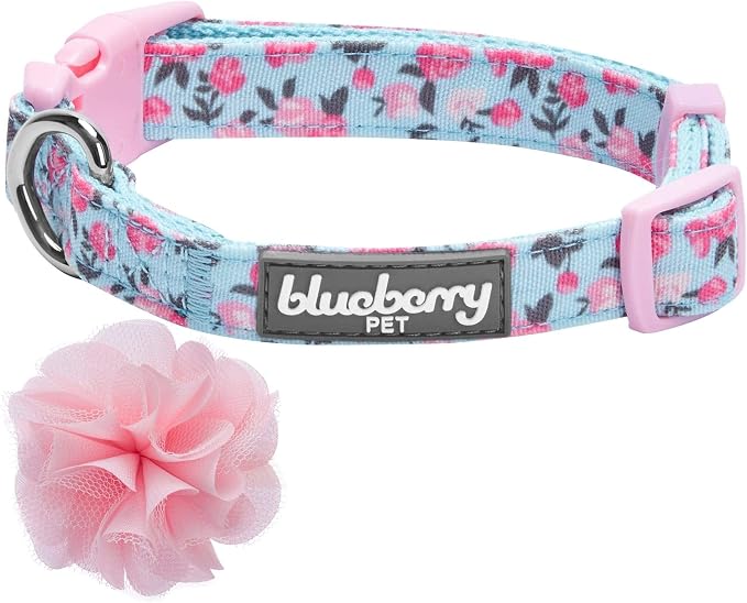 Blueberry Pet Made Well Cute Floral Print Adjustable Dog Collar in Light Blue with Pink Artificial Silk Flower, Large, Neck 18"-26"