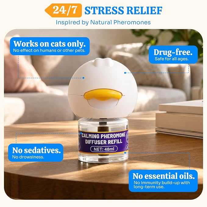 Cat Calming Pheromone Diffuser Kit, Stress Relief, 1 Plug-in 2 Refills | Odorless drug-free formula, 60-day anxiety relief, anti-leak low-temp plug, fits indoor multi-cat scratch fight hiding issues