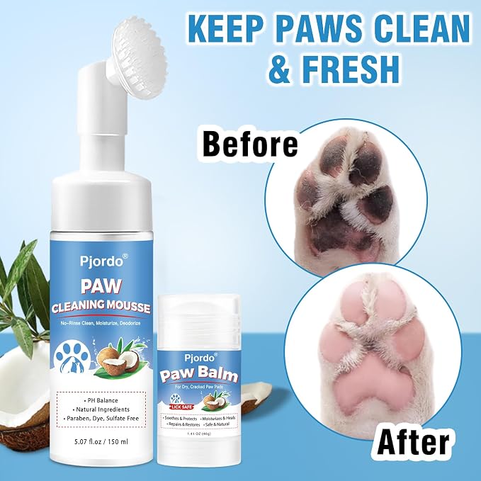 Pjordo Dog Paw Cleaner Kit, No-Rinse Foaming Cleanser for Dogs and Cats, Dog Paw Balm for Heal Dry Cracked Paws & Nose, Pet Foot Washer Paw Scrubber for Large Medium Small XL Breed Dogs