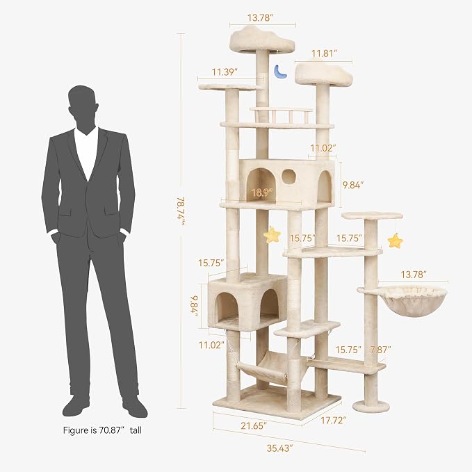 Meecal 79 Inch Tall Cat Tree Tower for Large Indoor Adult Cats, Beige | Extra Large Cat Tree with Scratching Post, Plush Condo, Perch, Hammock & Toys, Multi-Level Indoor Activity Center, Heavy Duty