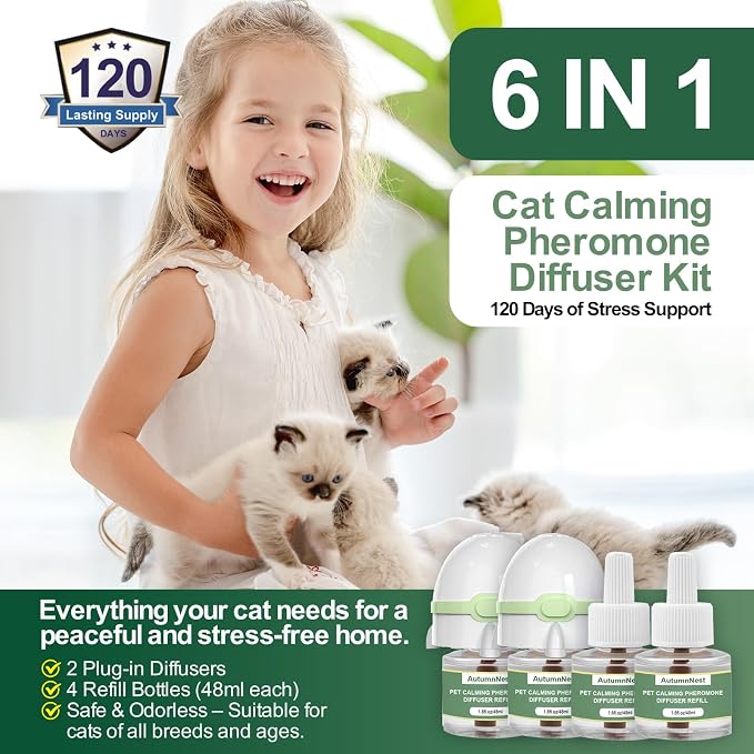 6-in-1 Cat Calming Pheromone Diffuser Kit, 120 Days Support | Cat Calming Diffuser for Anxiety Relief, Aggression, Scratching, Urine Marking, Fighting, Meowing, Hiding, Safe for All Cats