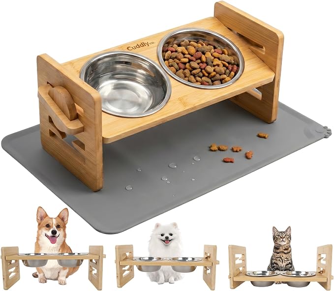 Elevated Dog Bowls for Small Dogs & Cats, Adjustable Raised Dog Bowl Stand with 6 Heights, 15° Tilt, Spill-Proof Silicone Mat, 2 Stainless Steel Bowls, Bamboo Feeder