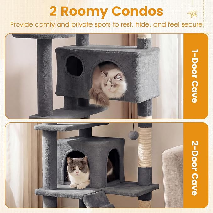 52-inch Cat Tree, Multi-Level Cat Tower with Sisal Scratching Posts, 2 Comfy Condos, Plush Padded Soft Top Perch, Dangling Balls, and Climbing Ladder, Ideal for Indoor Cats (Light Grey)