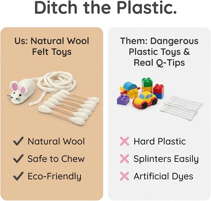Glaciart One Cat Qtip Toy Set, Felt Mice Cat Toy & Cotton Swab Cat Toy, Wool Felt Cat Toys for Indoor Cats