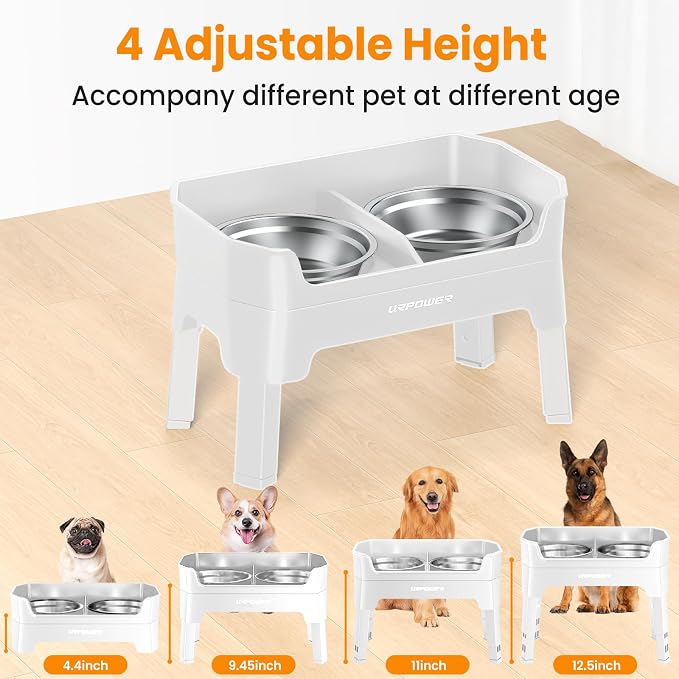 URPOWER 3-in-1 Elevated Dog Bowls - Mess Proof Double Deck 4 Height Adjustable Raised Stand with 2 Stainless Steel Food Bowls & Licking Plate for Small, Medium & Large Dogs
