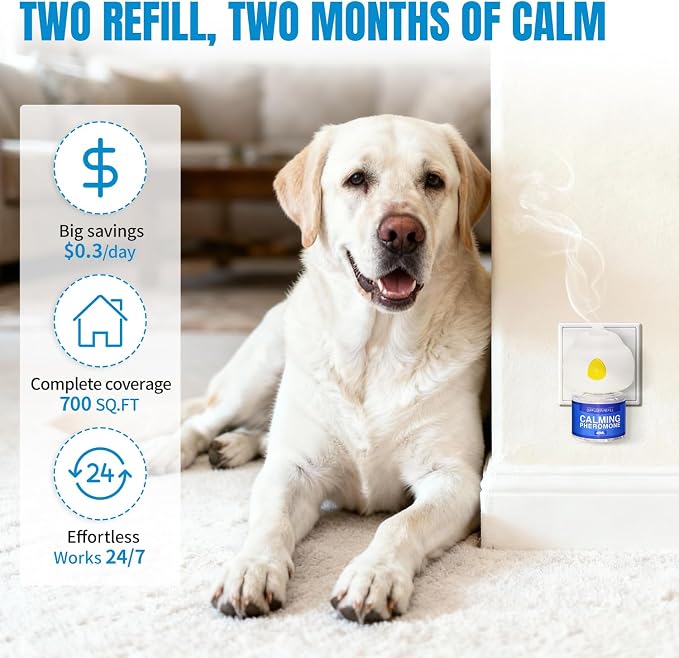 Dog Calming Pheromone Diffuser Stop Scratching Spraying 2 Refill 60 Days