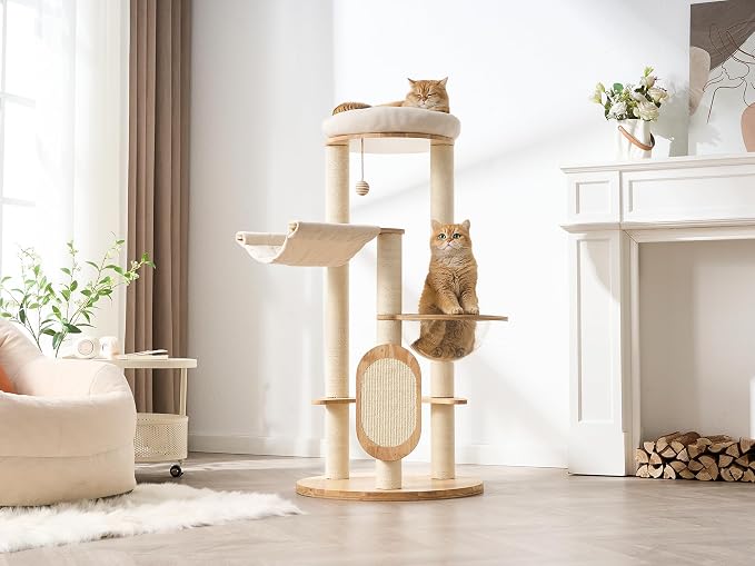 Modern Solid Wood Cat Tree for Indoor Cats Up to 15lbs, 49" Tall Cat Tower with Scratching Posts & Scratcher, Large Cat Bed, Hammock, Capsule Nest, Dangling Ball, Multi-Level Cat Furniture