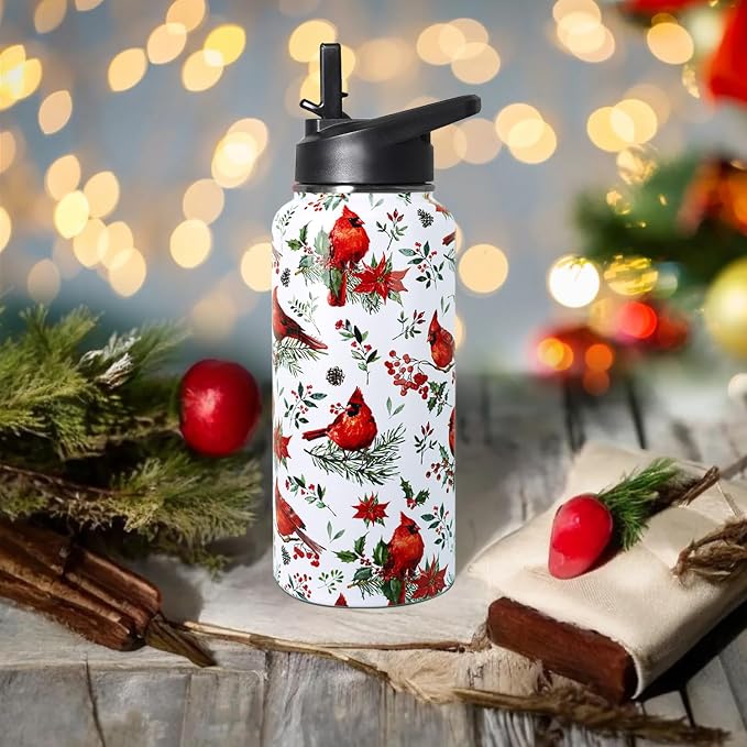 32oz Christmas Red Cardinal Insulated Aater Water Bottle with Straw Gym Hiking Sports Coffee Mug Cup,Christmas Gifts for Women,Christmas Decor Stuff Accessories