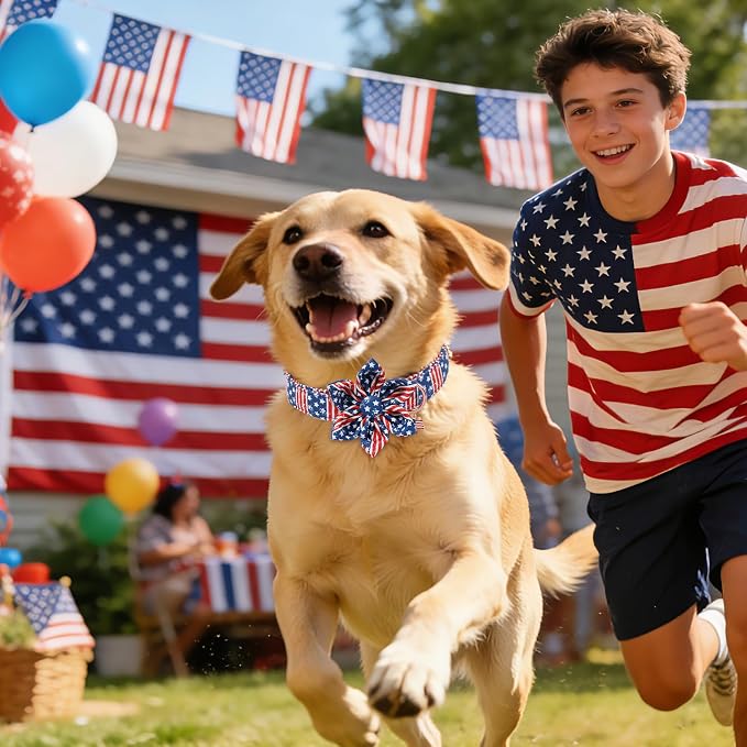 4th of July American Flag Dog Collar, DOGWONG Red Blue Flower Dog Collars with Metal Adjustable Buckle, Comfortable Independence Day Dogs Collars for Large Dogs, XL