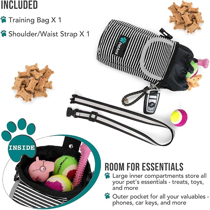 PetAmi Dog Treat Pouch, Large Hands-Free Training Bag, Stripe Black | Built-In Poop Bag Dispenser, Holds 3 Cups Of Treats, 4 Ways to Wear, D-Ring, Reflective Strap, Dog Treat Bag for Walking