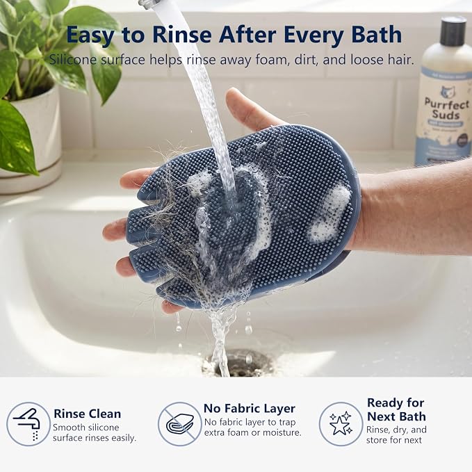Pet Bathing Glove for Dogs & Cats, 1-Pack Dual-Sided Silicone Dog Bath Brush with Pre-Bath Massage Bumps and Shampoo Lathering Bristles, Cat Grooming Mitt for Shower Cleaning and Loose Fur