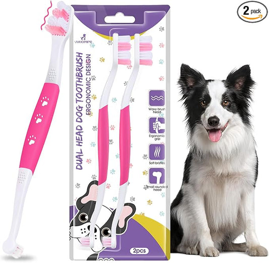 Dog Toothbrush, Dual-Head, for Medium-Large Dogs,Pink | Soft Bristles for Gentle Cleaning, 60° Curved Bristles for Better Coverage, Comfortable for Sensitive Gums