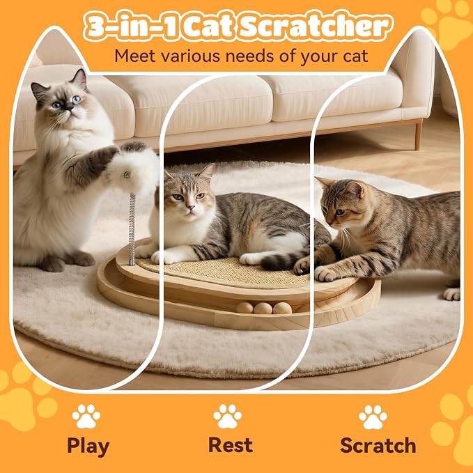 Cat Scratcher, Natural Sisal Scratching Pad, Kitten Interactive Toy with Ball Track & 3 Spring Plush Toys for Chasing Hunting Exercise, Round Wooden Cat Scratchers for Indoor