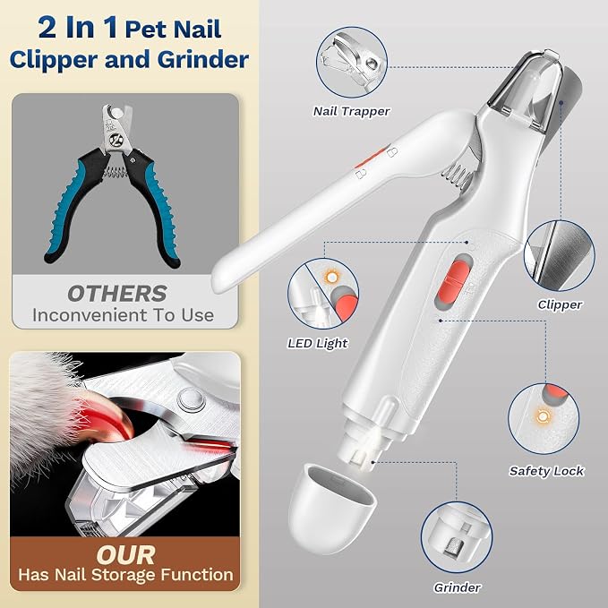 2-in-1 Dog & Cat Nail Clippers and Grinder with Catcher & 2 LED Lights | Stainless Steel Blade, Safety Guard, Type-C Rechargeable Low-Noise Grinder for Small, Medium & Large Pets