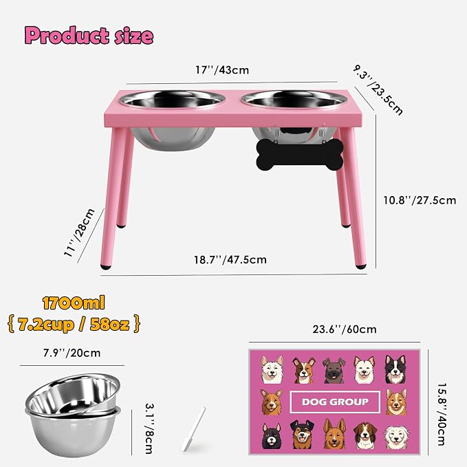 ADENGL Raised Dog Bowl Stand for Large Medium Dogs, Elevated Dog Bowls with Sprill Proof Mat &Two 58OZ Stainless Steel Bowls,Pink