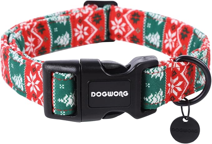 DOGWONG Christmas Cotton Dog Collar, Red Green Stripe Christmas Dog Collar Durable Soft Pet Collars Cute Red Necklace for Medium Large Dogs,M