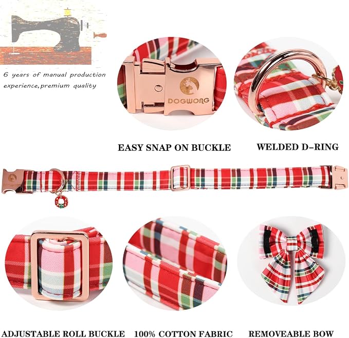 DOGWONG Christmas Dog Collar with Bow Tie - Christmas Red Plaid Puppy Collar, Adjustable Red Grid Dog Collars for Girl Boy Dogs, S