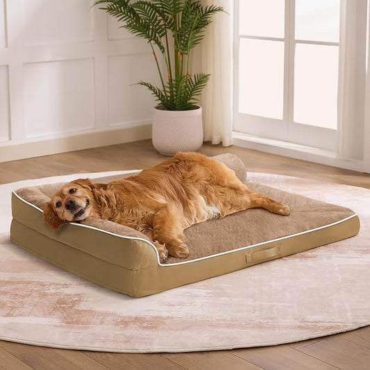 Dog Bed Large Sized Dogs, XL Orthopedic Dog Bed for Large Dogs 42"x30"x7.5", Waterproof Pet Bed with Washable Removable Cover, L-Shaped Pet Couch with Portable Handle, Camel