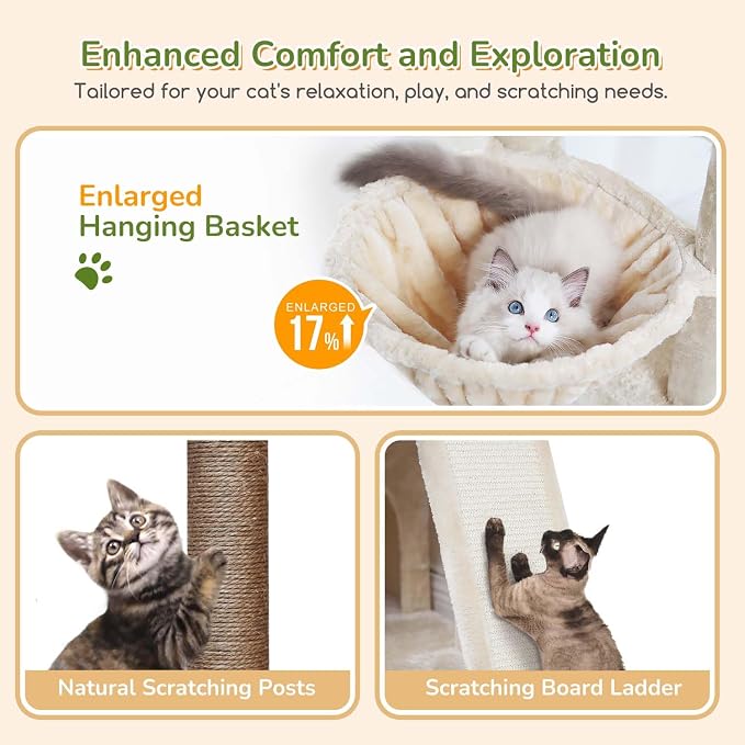 Globlazer Heavy Duty Cat Tree for Indoor Cats Large Adult, F52B, Beige | 3 Condos, Extra-Large Baseboard, Removable Top Perch, 4 Sisal Posts & Board, Hanging Basket, Anti-Topple Strap, Easy Setup