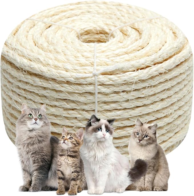 Natural Sisal Rope 1/4 Inch 6mm 98-Feet for Cat Scratching Post Tree Tower Replacement Repair and Replace, DIY Hemp Twine Rope for Cat Scratching Furniture Window Perch and Crafts Gardening