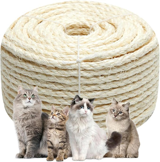 White Sisal Rope 1/4 Inch by 65-Feet for Cat Scratching Post Tree Tower Replacement Repair and Replace, DIY Hemp Twine Rope for Kittens Shelves Furniture Window Bed Perch Kicker Toys, 6mm by 20m