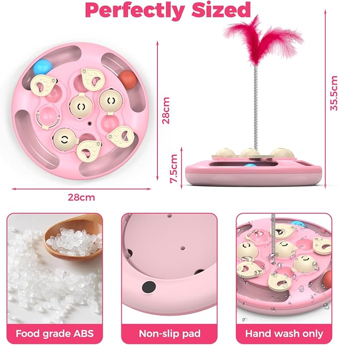 3 in 1 Cat Treat Puzzle Feeder, Level 3 Interactive Cat Puzzle Toy with Track Balls, Feather Teaser & Slow Feeder Insert, Non-Slip Base, Mental Stimulation for Bored Indoor Cats, Pink