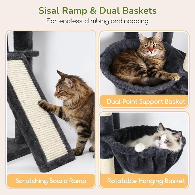 Globlazer 80in Tall Extra Large Heavy Duty Corner Cat Tree Tower, S80C | Sturdy Big Cat Tower for Indoor Cats Large Adult with Scratching Post, 2 Spacious Condos with Padding, 2 Perches, Dark Grey