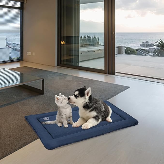 EMPSIGN Dog Crate Pad for 24"x18" Dog Crate, Plush/Canvas Navy | Reversible Kennel Mat (Cool & Warm), Machine Washable, Cozy Plush Sleeping Pad, All-Season Pet Bed