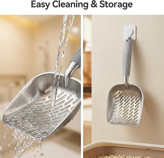 Cat Litter Scoop, Kitty Metal Scooper, Heavy Duty Aluminum Deep Sifter with Long Handle, Rustproof Durable Kitten Poop Shovel for Travel & Small Litter Box