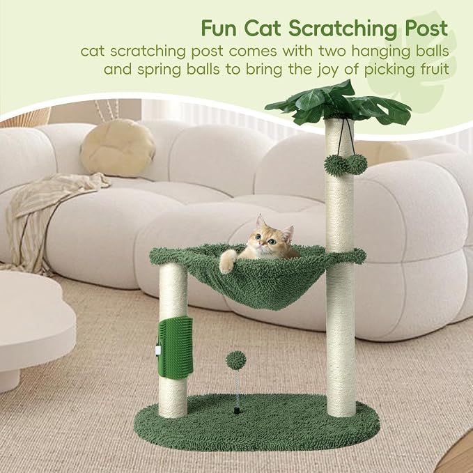 MECOOL Cat Tree Tower 32" Tall Scratching Post with Large Hammcok for Indoor Cats,Self-Massage Bursh Hanging Ball Toys,Monstera Deliciosa Green
