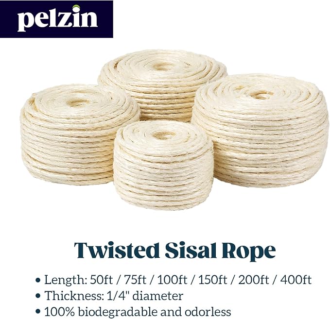 Pelzin Natural Sisal Rope for Cat Scratcher - 1/4 Inch by 100 Feet, Cat Tree Rope Twine for Scratching Post Replacement, Repairing and DIY, White