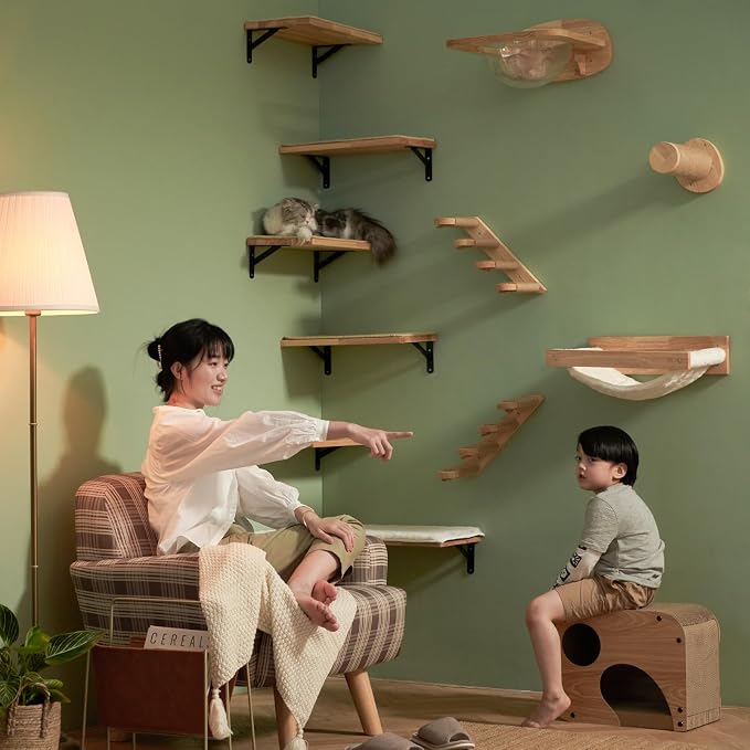 FUKUMARU Cat Wall Shelves, 17 x 10 Inch Cat Walls Furniture with Sisal Mat, Solid Rubber Wood Floating Shelf with Upgraded Installation, Kitten Wall Tree for Sleeping, Playing and Scratching