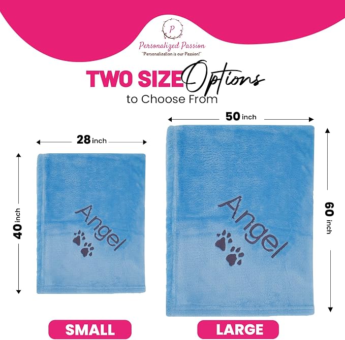Personalized Passion Dog Blanket with Embroidered Name & Paws - Soft, Comfortable and Cozy for Bed, Couch, Car - Water Resistant Pet Fleece Blanket for Dogs and Cats - Blue - 28"x40"