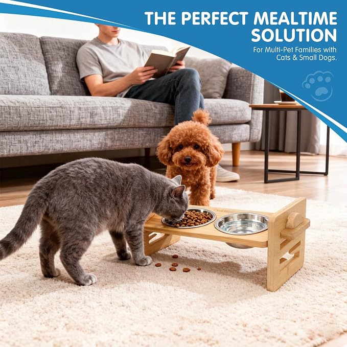 Elevated Dog Bowls for Small Dogs & Cats, Adjustable Raised Dog Bowl Stand with 6 Heights, 15° Tilt, Spill-Proof Silicone Mat, 2 Stainless Steel Bowls, Bamboo Feeder