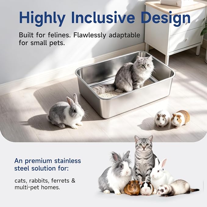 Stainless Steel Cat Litter Box with High Sides, Large Metal Litterbox Pan, Odor-Free & Non-Stick Smooth Surface, Leakproof One-Piece Kitty Litter Tray for Indoor Cats, Kittens, Medium (M Size)