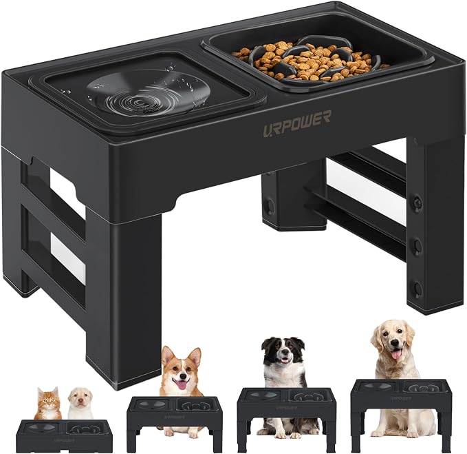 URPOWER 2-in-1 Elevated Slow Feeder Dog Bowls with No-Spill Water Bowl | 4 Height-Adjustable Raised Dog Bowls, Non-Slip Food and Water Bowls with Stand for Small, Medium, Large Dogs, Cats and Pets