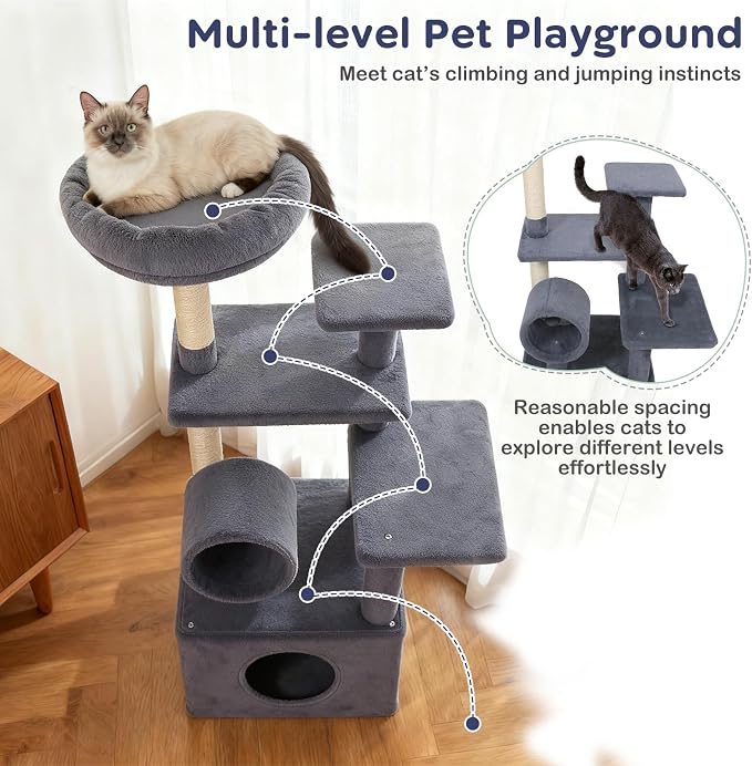 Multi-Level Cat Tree Tower, 48 Inches Tall with Sisal Scratching Posts, Condo, Tunnel with Dangling Ball Inside, Padded Top Perch, Multiple Jumping Platforms, Ideal for Indoor Cats (Dark Grey)