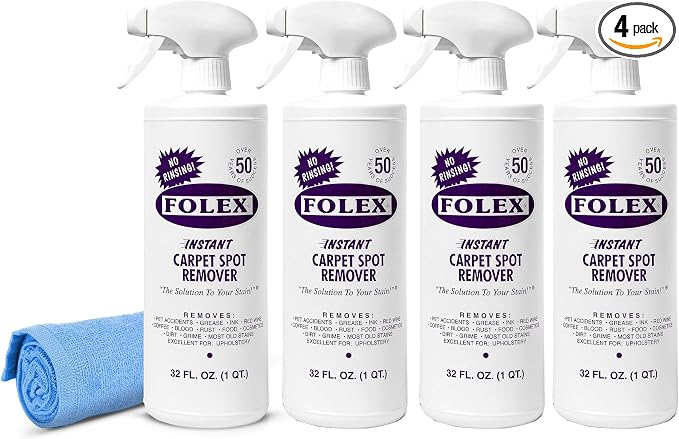 FOLEX Instant Carpet Spot Remover 32 oz – Powerful Stain Remover for Carpets, Upholstery & Rugs – Eliminates Pet Stains, Grease, Red Wine, Food, Makeup & More – With Reusable Cleaning Cloth - 4 Pack