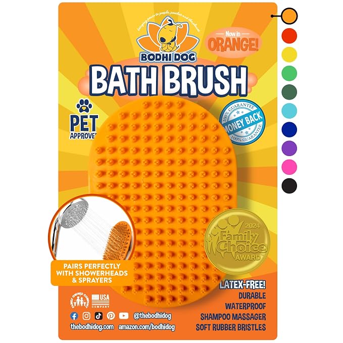 Bodhi Dog Shampoo Brush - Pet Grooming & Bath Supplies for Dogs and Cats - Bath Brush for Long & Short Hair - Premium Scrubber for Shower, Showerhead, Sprayer & Bathing (One Pack, Orange)