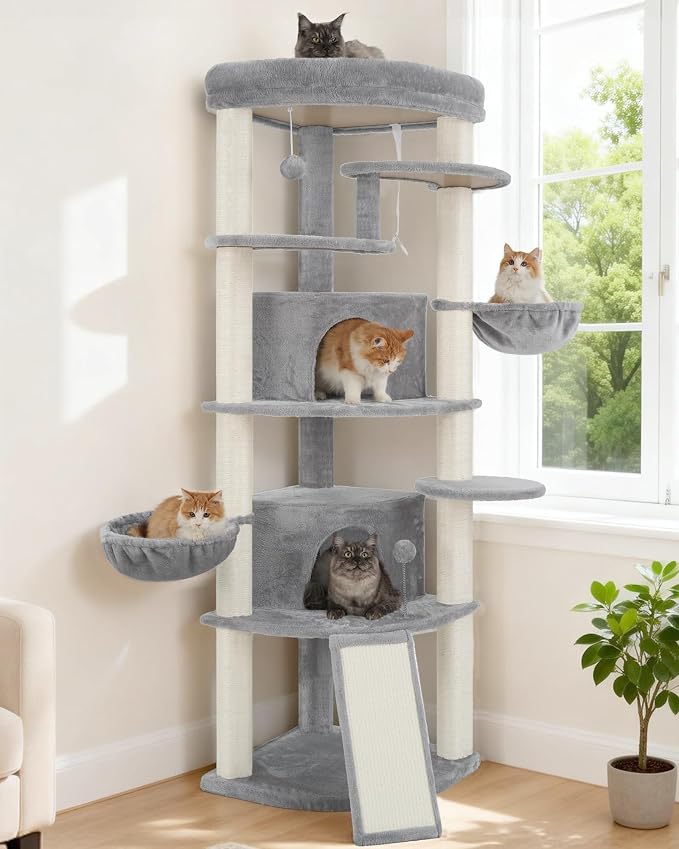 Corner Cat Tree, All Sisal Multi-Cat Scratching Posts GCT035W | 63.8" Cat Tower for Indoor Cats with Cat Condo, 2 Large Cat Caves, Big Top Perch, 2 Hanging Baskets & Sisal Ramp, Light Gray